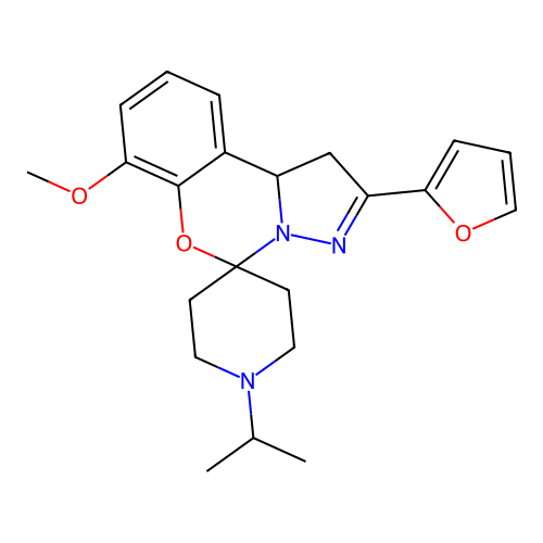 2'-(furan-2-yl)-7'-methoxy-1-(propan-2-yl)-1',10b'-dihydrospiro[piperidine-4,5'-pyrazolo[1,5-c][1,3]benzoxazine] structure