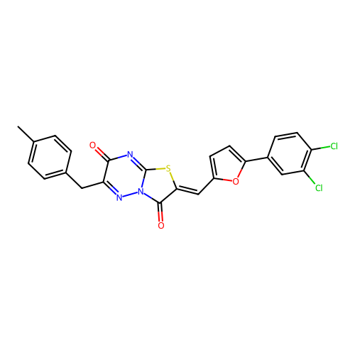 (2Z)-2-[[5-(3,4-dichlorophenyl)furan-2-yl]methylidene]-6-[(4-methylphenyl)methyl]-[1,3]thiazolo[3,2-b][1,2,4]triazine-3,7-dione structure