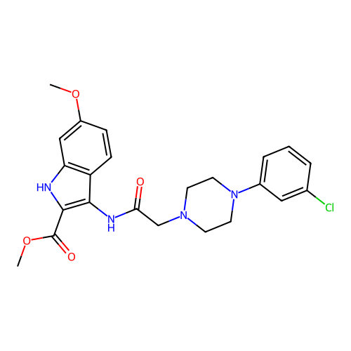 Methyl 3-[[2-[4-(3-chlorophenyl)piperazin-1-yl]acetyl]amino]-6-methoxy-1H-indole-2-carboxylate structure