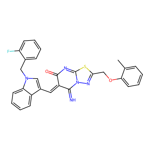 (Z)-6-((1-(2-fluorobenzyl)-1H-indol-3-yl)methylene)-5-imino-2-((o-tolyloxy)methyl)-5H-[1,3,4]thiadiazolo[3,2-a]pyrimidin-7(6H)-one structure