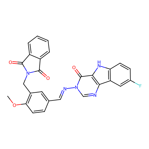(E)-2-(5-(((8-fluoro-4-oxo-4,5-dihydro-3H-pyrimido[5,4-b]indol-3-yl)imino)methyl)-2-methoxybenzyl)isoindoline-1,3-dione structure