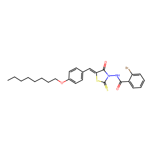 2-bromo-N-{(5Z)-5-[4-(octyloxy)benzylidene]-4-oxo-2-thioxo-1,3-thiazolidin-3-yl}benzamide structure
