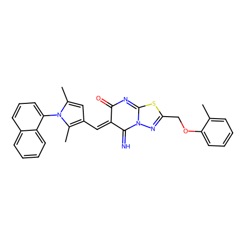(Z)-6-((2,5-dimethyl-1-(naphthalen-1-yl)-1H-pyrrol-3-yl)methylene)-5-imino-2-((o-tolyloxy)methyl)-5H-[1,3,4]thiadiazolo[3,2-a]pyrimidin-7(6H)-one structure