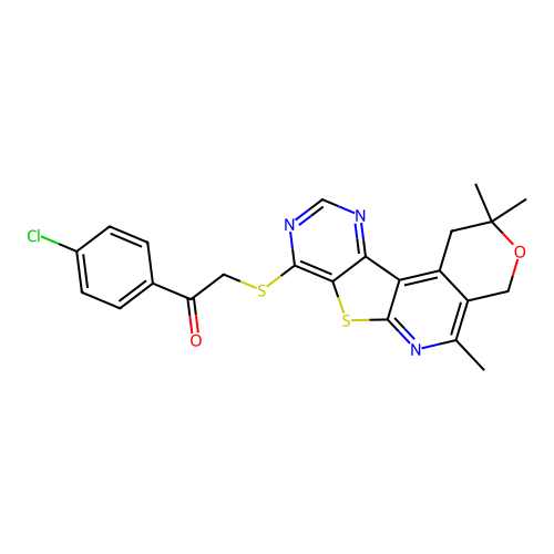1-(4-chlorophenyl)-2-((2,2,5-trimethyl-2,4-dihydro-1H-pyrano[4'',3'':4',5']pyrido[3',2':4,5]thieno[3,2-d]pyrimidin-8-yl)thio)ethanone structure