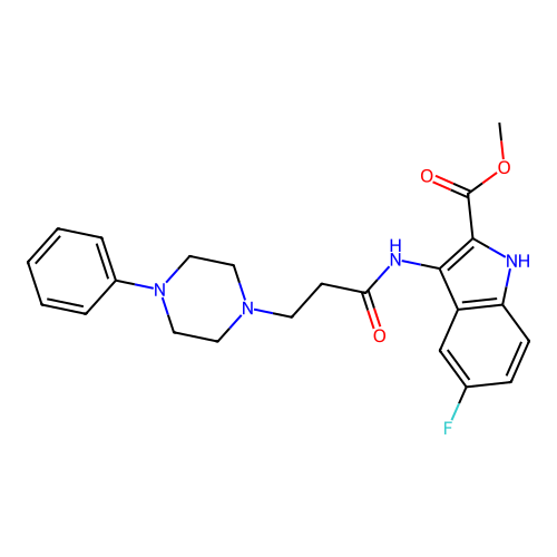 Methyl 5-fluoro-3-[3-(4-phenylpiperazin-1-yl)propanoylamino]-1H-indole-2-carboxylate structure