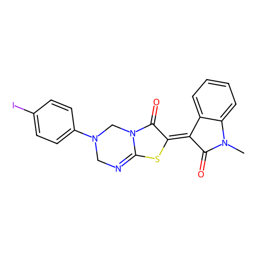 (7Z)-3-(4-iodophenyl)-7-(1-methyl-2-oxo-1,2-dihydro-3H-indol-3-ylidene)-3,4-dihydro-2H-[1,3]thiazolo[3,2-a][1,3,5]triazin-6(7H)-one structure