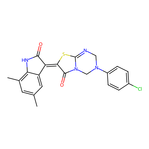 (Z)-3-(4-chlorophenyl)-7-(5,7-dimethyl-2-oxoindolin-3-ylidene)-3,4-dihydro-2H-thiazolo[3,2-a][1,3,5]triazin-6(7H)-one structure