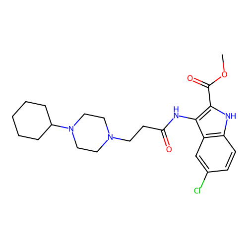 methyl 5-chloro-3-(3-(4-cyclohexylpiperazin-1-yl)propanamido)-1H-indole-2-carboxylate structure
