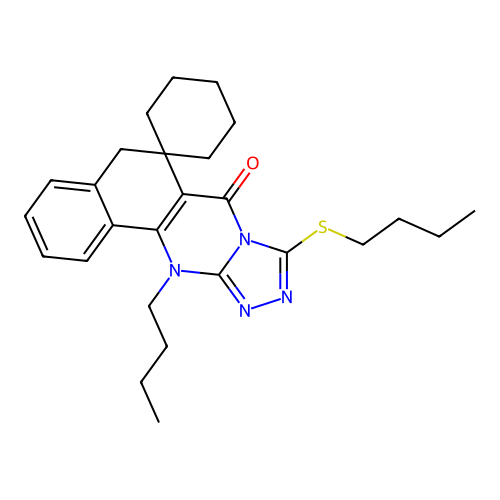 12-butyl-9-(butylthio)-5H-spiro[benzo[h][1,2,4]triazolo[3,4-b]quinazoline-6,1'-cyclohexan]-7(12H)-one structure