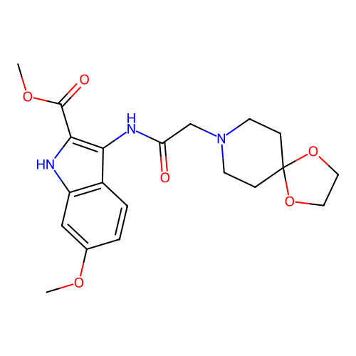 Methyl 3-[[2-(1,4-dioxa-8-azaspiro[4.5]decan-8-yl)acetyl]amino]-6-methoxy-1H-indole-2-carboxylate structure