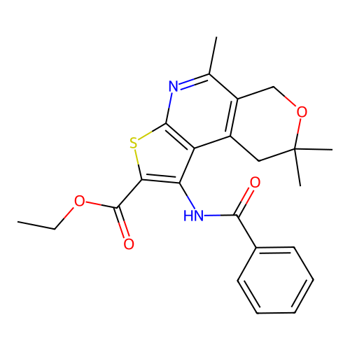 ethyl 1-benzamido-5,8,8-trimethyl-8,9-dihydro-6H-pyrano[4,3-d]thieno[2,3-b]pyridine-2-carboxylate structure