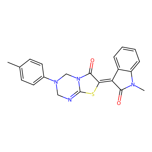 (7Z)-7-(1-methyl-2-oxo-1,2-dihydro-3H-indol-3-ylidene)-3-(4-methylphenyl)-3,4-dihydro-2H-[1,3]thiazolo[3,2-a][1,3,5]triazin-6(7H)-one structure