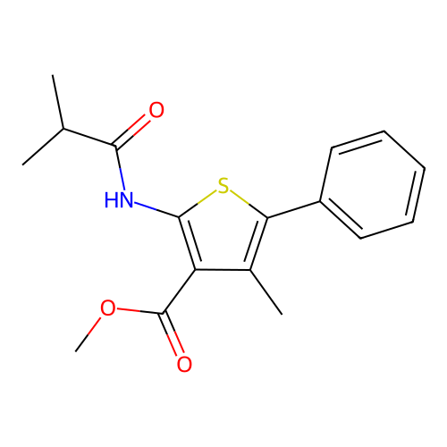 Methyl 4-methyl-2-[(2-methylpropanoyl)amino]-5-phenylthiophene-3-carboxylate structure
