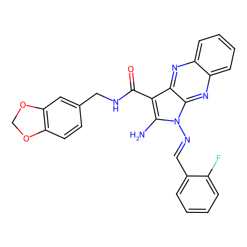 (E)-2-amino-N-(benzo[d][1,3]dioxol-5-ylmethyl)-1-((2-fluorobenzylidene)amino)-1H-pyrrolo[2,3-b]quinoxaline-3-carboxamide structure