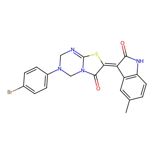 (7Z)-3-(4-bromophenyl)-7-(5-methyl-2-oxo-1,2-dihydro-3H-indol-3-ylidene)-3,4-dihydro-2H-[1,3]thiazolo[3,2-a][1,3,5]triazin-6(7H)-one structure
