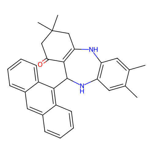 11-(anthracen-9-yl)-3,3,7,8-tetramethyl-2,3,4,5,10,11-hexahydro-1H-dibenzo[b,e][1,4]diazepin-1-one structure