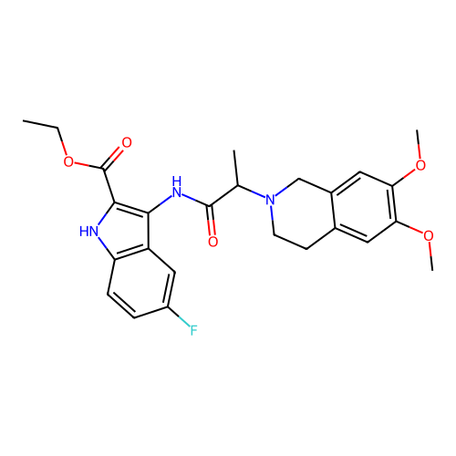 ethyl 3-(2-(6,7-dimethoxy-3,4-dihydroisoquinolin-2(1H)-yl)propanamido)-5-fluoro-1H-indole-2-carboxylate structure