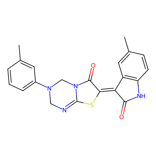 (7Z)-7-(5-methyl-2-oxo-1,2-dihydro-3H-indol-3-ylidene)-3-(3-methylphenyl)-3,4-dihydro-2H-[1,3]thiazolo[3,2-a][1,3,5]triazin-6(7H)-one structure