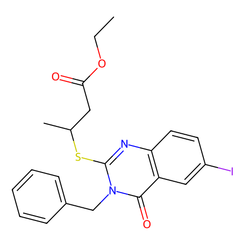 Ethyl 3-((3-benzyl-6-iodo-4-oxo-3,4-dihydroquinazolin-2-yl)thio)butanoate structure