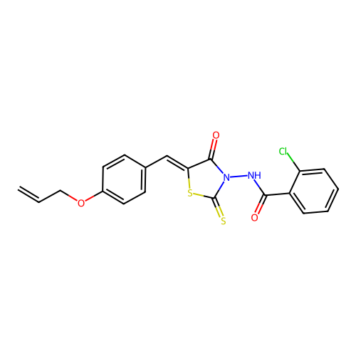 2-chloro-N-{(5Z)-4-oxo-5-[4-(prop-2-en-1-yloxy)benzylidene]-2-thioxo-1,3-thiazolidin-3-yl}benzamide structure
