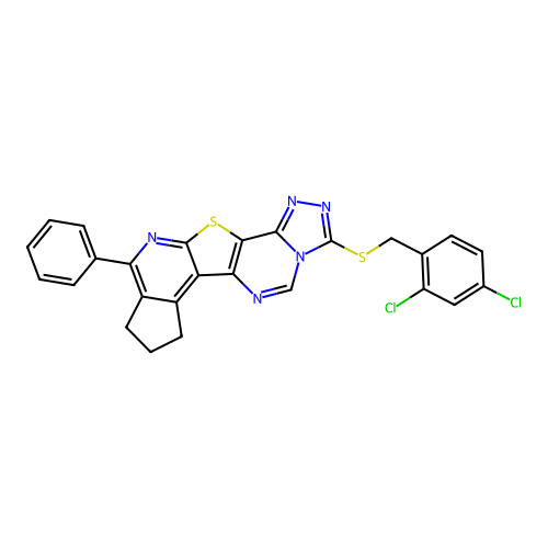 3-((2,4-dichlorobenzyl)thio)-10-phenyl-8,9-dihydro-7H-cyclopenta[4',5']pyrido[3',2':4,5]thieno[2,3-e][1,2,4]triazolo[4,3-c]pyrimidine structure