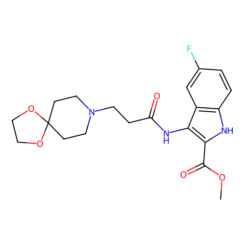 Methyl 3-[3-(1,4-dioxa-8-azaspiro[4.5]decan-8-yl)propanoylamino]-5-fluoro-1H-indole-2-carboxylate structure
