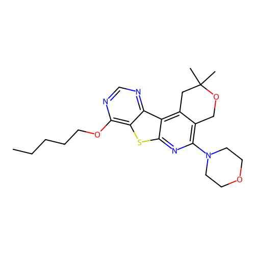 2,2-dimethyl-5-(morpholin-4-yl)-8-(pentyloxy)-1,4-dihydro-2H-pyrano[4'',3'':4',5']pyrido[3',2':4,5]thieno[3,2-d]pyrimidine structure