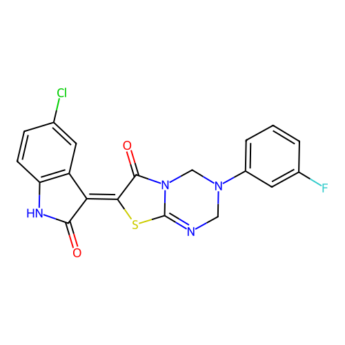 (Z)-7-(5-chloro-2-oxoindolin-3-ylidene)-3-(3-fluorophenyl)-3,4-dihydro-2H-thiazolo[3,2-a][1,3,5]triazin-6(7H)-one structure