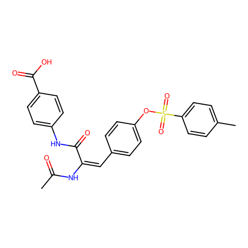 (E)-4-(2-acetamido-3-(4-(tosyloxy)phenyl)acrylamido)benzoic acid structure
