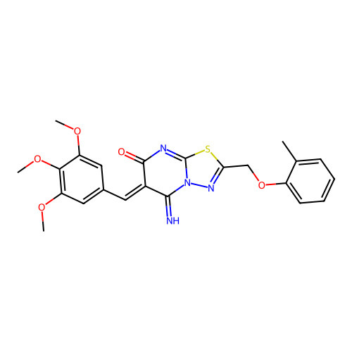 (Z)-5-imino-2-((o-tolyloxy)methyl)-6-(3,4,5-trimethoxybenzylidene)-5H-[1,3,4]thiadiazolo[3,2-a]pyrimidin-7(6H)-one structure