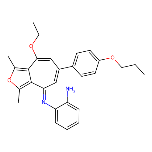 (E)-N1-(8-ethoxy-1,3-dimethyl-6-(4-propoxyphenyl)-4H-cyclohepta[c]furan-4-ylidene)benzene-1,2-diamine structure