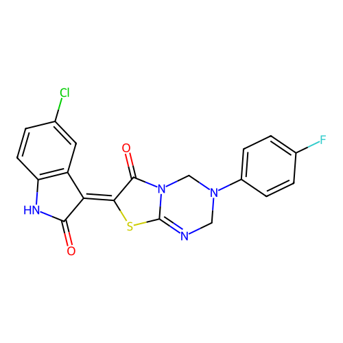 (Z)-7-(5-chloro-2-oxoindolin-3-ylidene)-3-(4-fluorophenyl)-3,4-dihydro-2H-thiazolo[3,2-a][1,3,5]triazin-6(7H)-one structure