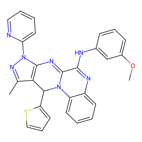 N-(3-methoxyphenyl)-10-methyl-8-(pyridin-2-yl)-11-(thiophen-2-yl)-8,11-dihydropyrazolo[3',4':4,5]pyrimido[1,2-a]quinoxalin-6-amine structure