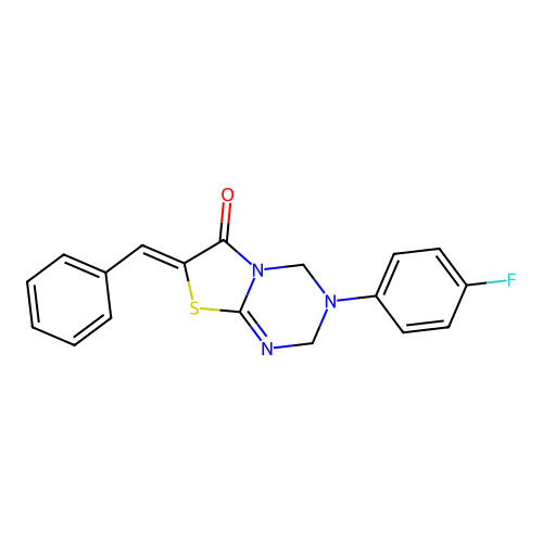 (7Z)-7-benzylidene-3-(4-fluorophenyl)-2,4-dihydro-[1,3]thiazolo[3,2-a][1,3,5]triazin-6-one structure