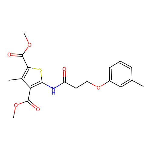 dimethyl 3-methyl-5-(3-(m-tolyloxy)propanamido)thiophene-2,4-dicarboxylate structure
