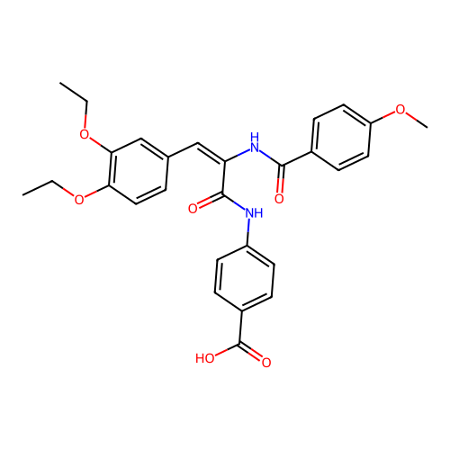 (E)-4-(3-(3,4-diethoxyphenyl)-2-(4-methoxybenzamido)acrylamido)benzoic acid structure