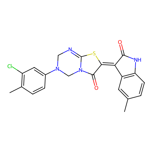 (7Z)-3-(3-chloro-4-methylphenyl)-7-(5-methyl-2-oxo-1,2-dihydro-3H-indol-3-ylidene)-3,4-dihydro-2H-[1,3]thiazolo[3,2-a][1,3,5]triazin-6(7H)-one structure