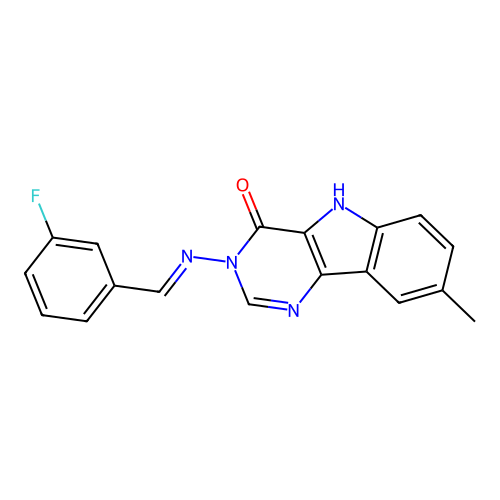 (E)-3-((3-fluorobenzylidene)amino)-8-methyl-3H-pyrimido[5,4-b]indol-4(5H)-one structure