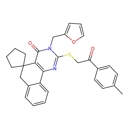 3-(furan-2-ylmethyl)-2-((2-oxo-2-(p-tolyl)ethyl)thio)-3H-spiro[benzo[h]quinazoline-5,1'-cyclopentan]-4(6H)-one structure