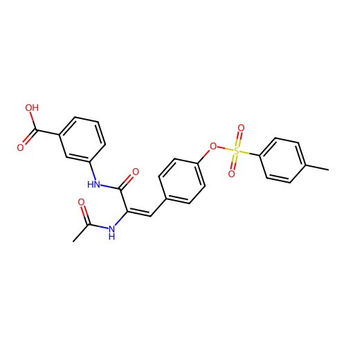 (E)-3-(2-acetamido-3-(4-(tosyloxy)phenyl)acrylamido)benzoic acid structure