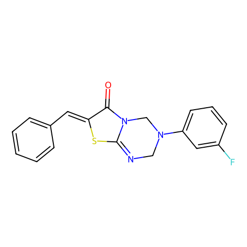 (7Z)-7-benzylidene-3-(3-fluorophenyl)-2,4-dihydro-[1,3]thiazolo[3,2-a][1,3,5]triazin-6-one structure