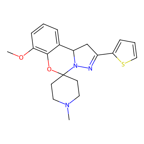 7'-methoxy-1-methyl-2'-(thiophen-2-yl)-1',10b'-dihydrospiro[piperidine-4,5'-pyrazolo[1,5-c][1,3]benzoxazine] structure