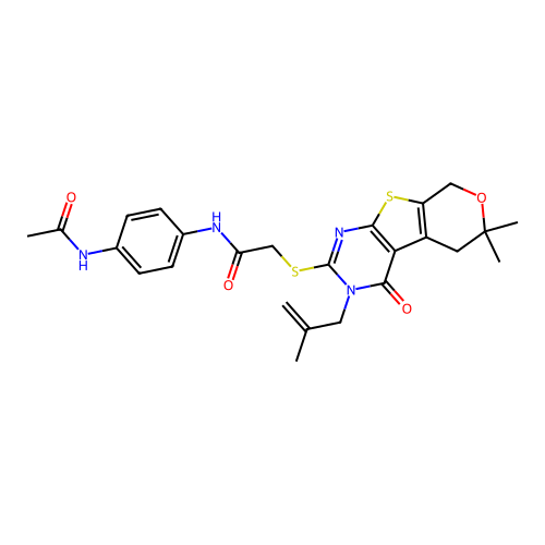 N-(4-acetamidophenyl)-2-((6,6-dimethyl-3-(2-methylallyl)-4-oxo-4,5,6,8-tetrahydro-3H-pyrano[4',3':4,5]thieno[2,3-d]pyrimidin-2-yl)thio)acetamide structure