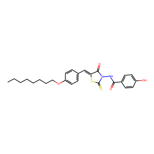 4-hydroxy-N-{(5Z)-5-[4-(octyloxy)benzylidene]-4-oxo-2-thioxo-1,3-thiazolidin-3-yl}benzamide structure