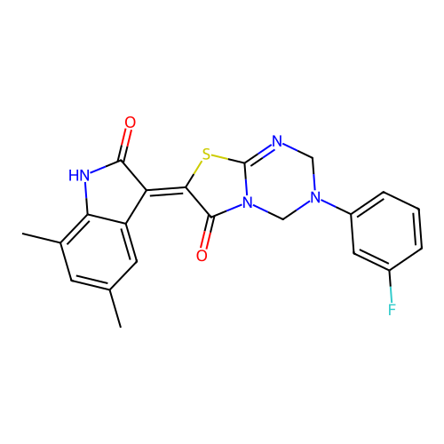 (Z)-7-(5,7-dimethyl-2-oxoindolin-3-ylidene)-3-(3-fluorophenyl)-3,4-dihydro-2H-thiazolo[3,2-a][1,3,5]triazin-6(7H)-one structure
