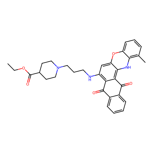 ethyl 1-(3-((1-methyl-8,13-dioxo-13,14-dihydro-8H-naphtho[2,3-a]phenoxazin-7-yl)amino)propyl)piperidine-4-carboxylate structure