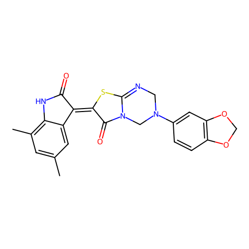 (Z)-3-(benzo[d][1,3]dioxol-5-yl)-7-(5,7-dimethyl-2-oxoindolin-3-ylidene)-3,4-dihydro-2H-thiazolo[3,2-a][1,3,5]triazin-6(7H)-one structure