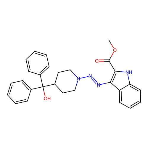 (E)-methyl 3-((4-(hydroxydiphenylmethyl)piperidin-1-yl)diazenyl)-1H-indole-2-carboxylate structure
