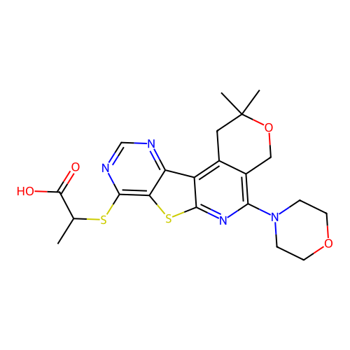 2-((2,2-dimethyl-5-morpholino-2,4-dihydro-1H-pyrano[4'',3'':4',5']pyrido[3',2':4,5]thieno[3,2-d]pyrimidin-8-yl)thio)propanoic acid structure