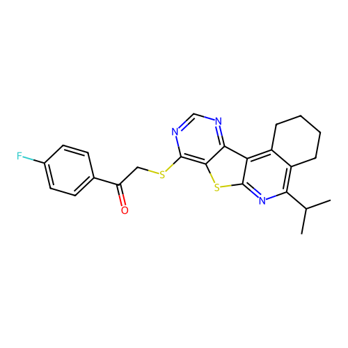 1-(4-fluorophenyl)-2-((5-isopropyl-1,2,3,4-tetrahydropyrimido[4',5':4,5]thieno[2,3-c]isoquinolin-8-yl)thio)ethanone structure